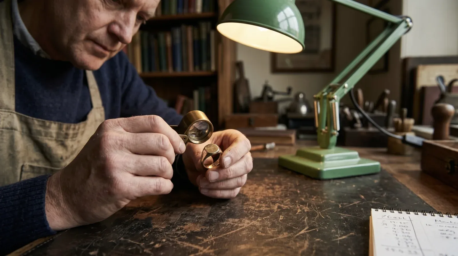 Specialist examining a piece of jewellery at a workbench