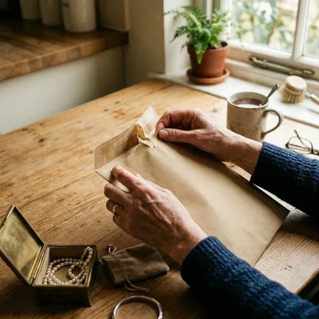 Hands opening a postal pack on a kitchen table with jewellery box nearby
